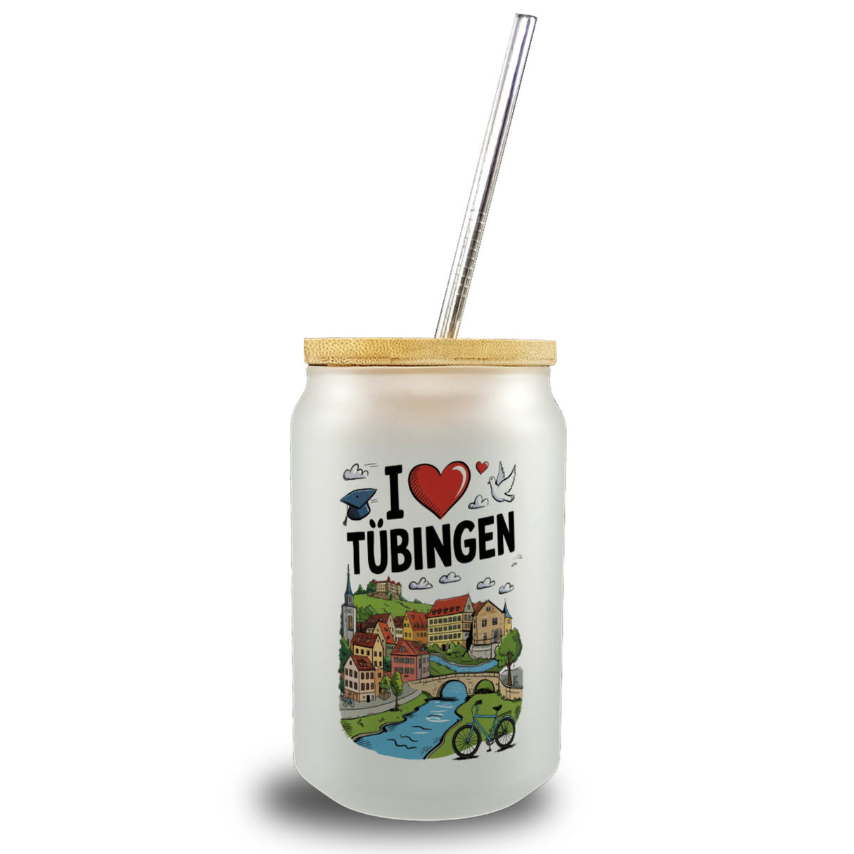 I love Tübingen Trinkglas mit Bambusdeckel mit Sehenswürdigkeiten