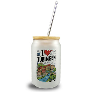 I love Tübingen Trinkglas mit Bambusdeckel mit Sehenswürdigkeiten