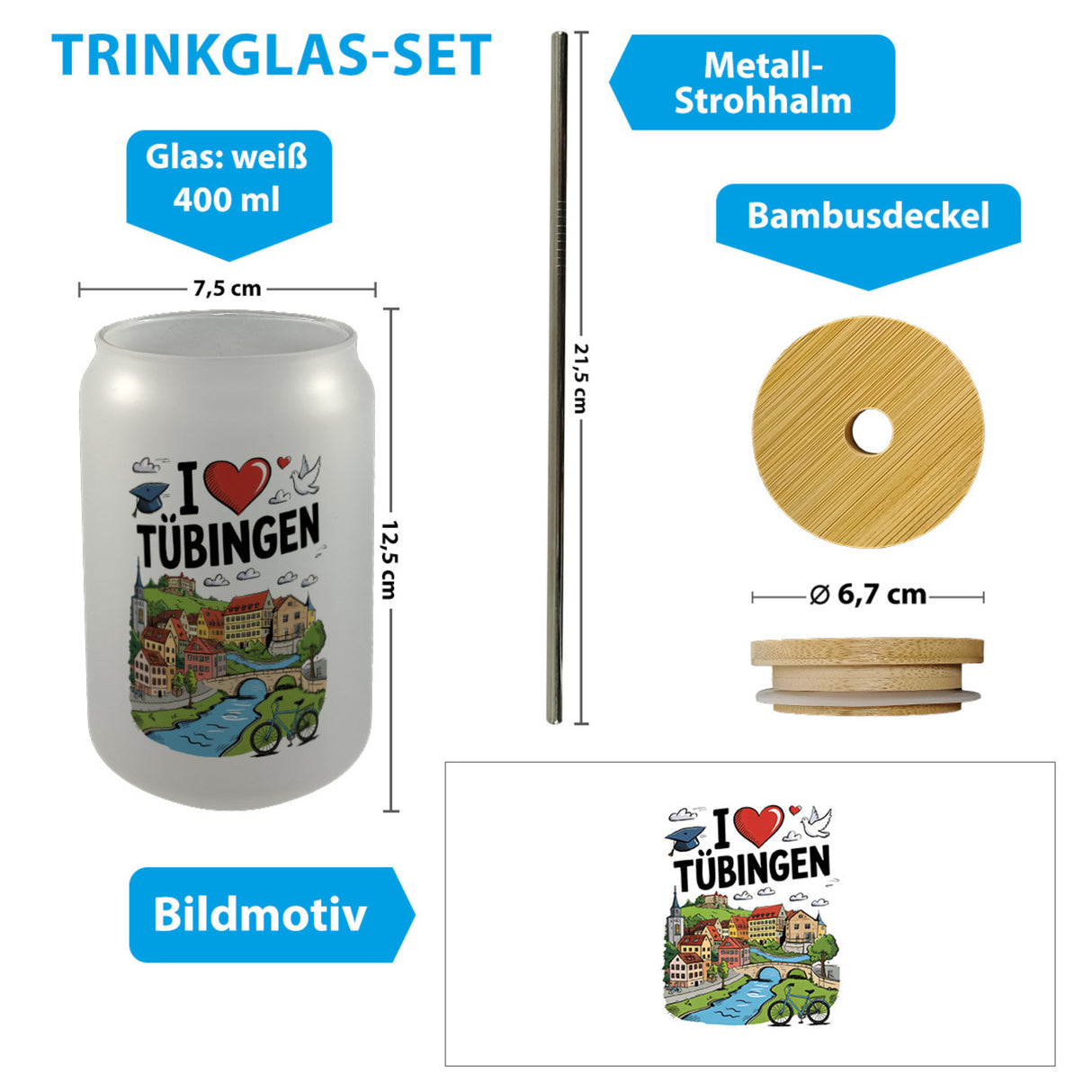 I love Tübingen Trinkglas mit Bambusdeckel mit Sehenswürdigkeiten