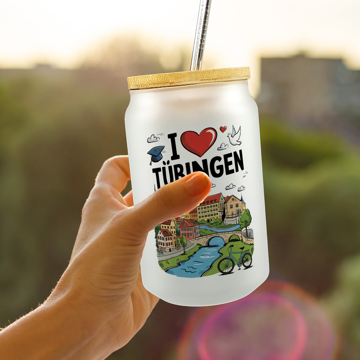 I love Tübingen Trinkglas mit Bambusdeckel mit Sehenswürdigkeiten