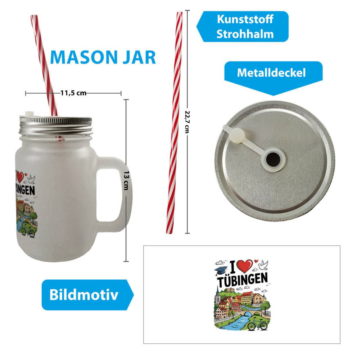 I love Tübingen Trinkglas mit Bambusdeckel mit Sehenswürdigkeiten