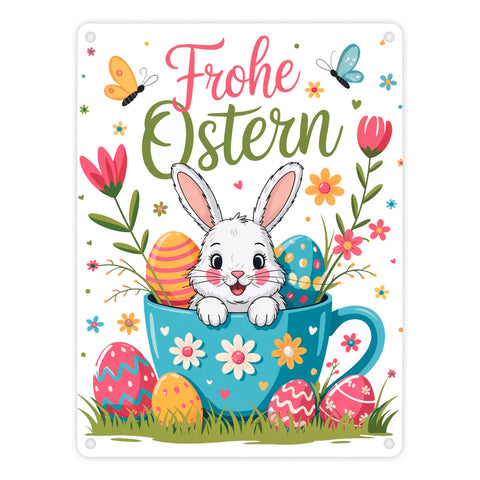 Frohe Ostern Metallschild in 15x20 cm mit Hase