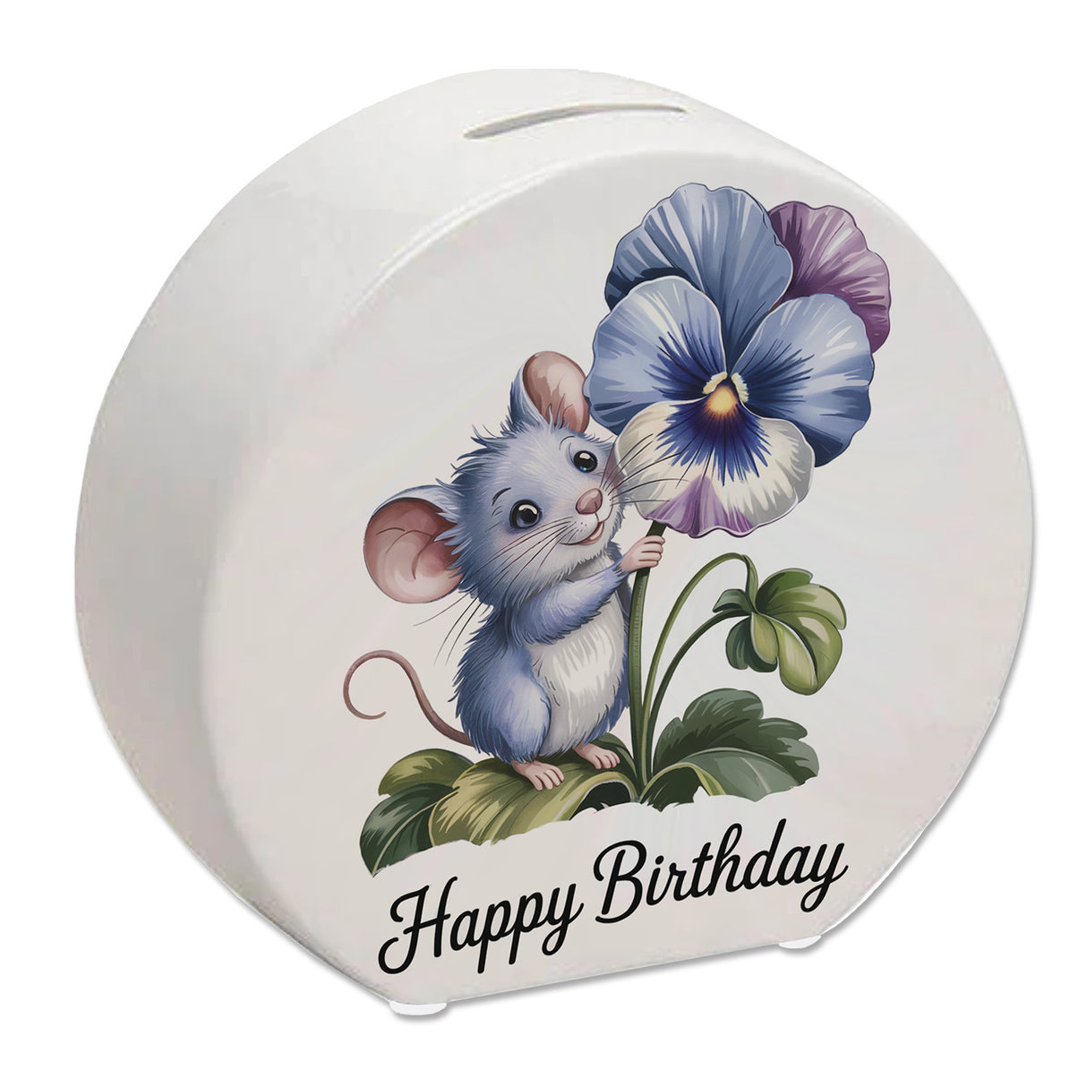 Maus mit Stiefmütterchen Spardose HAPPY BIRTHDAY