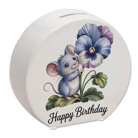 Maus mit Stiefmütterchen Spardose HAPPY BIRTHDAY