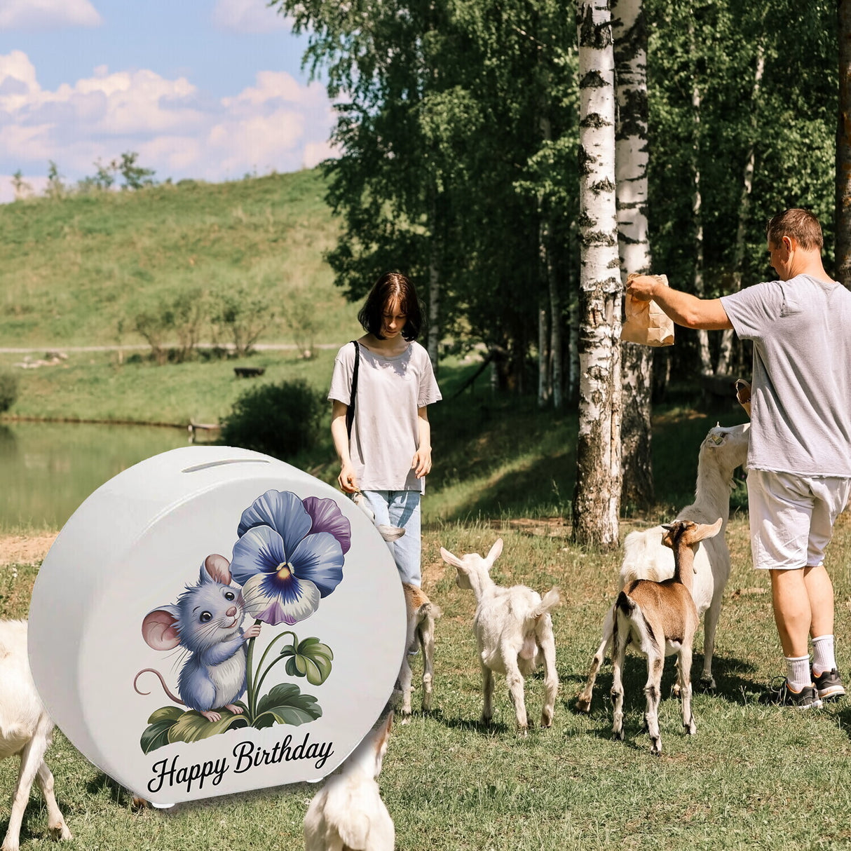 Maus mit Stiefmütterchen Spardose HAPPY BIRTHDAY