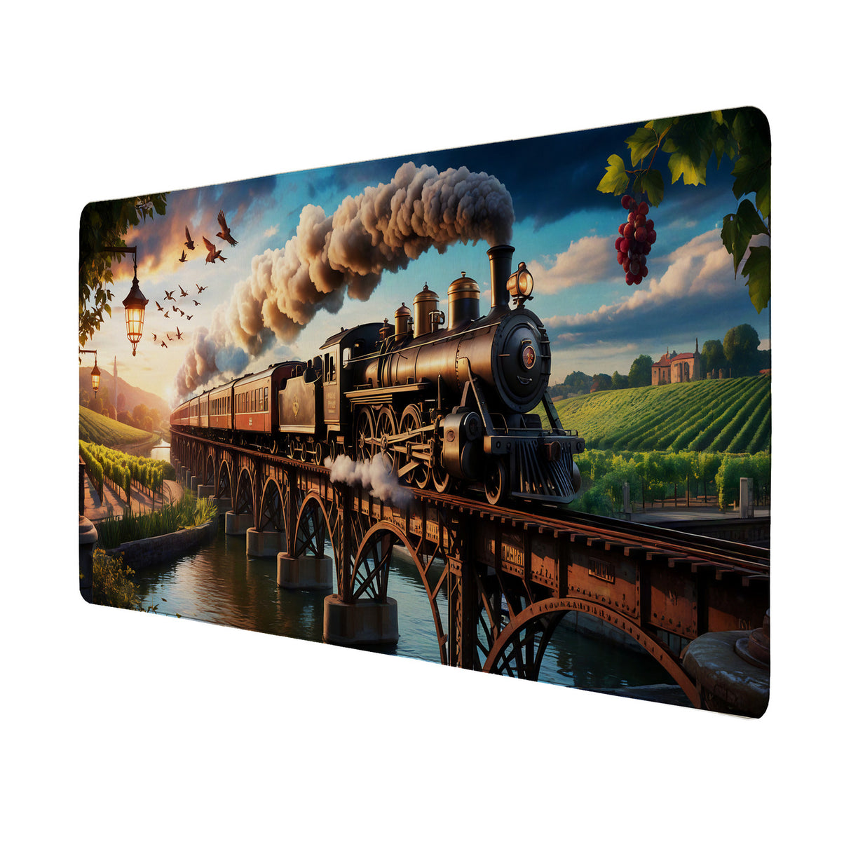 Dampflokomotive Schreibtischunterlage 69x31cm XXL Mauspad Weinberglandschaft
