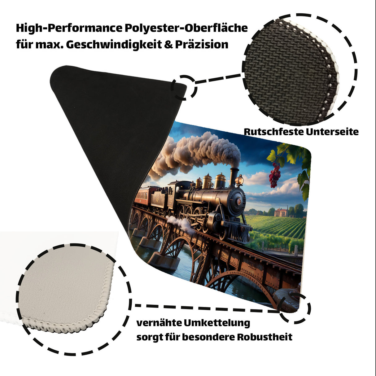 Dampflokomotive Schreibtischunterlage 69x31cm XXL Mauspad Weinberglandschaft