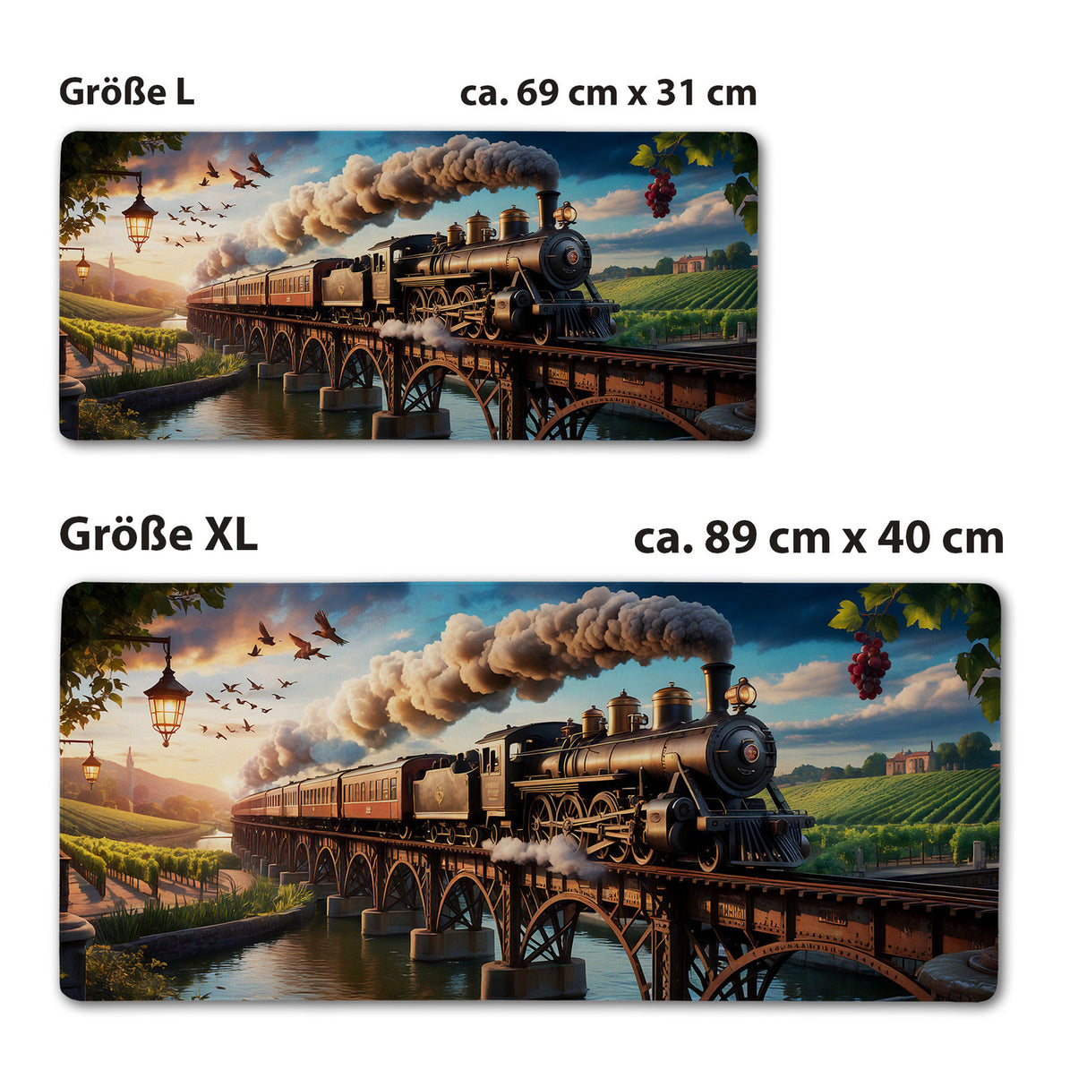 Dampflokomotive Schreibtischunterlage 69x31cm XXL Mauspad Weinberglandschaft
