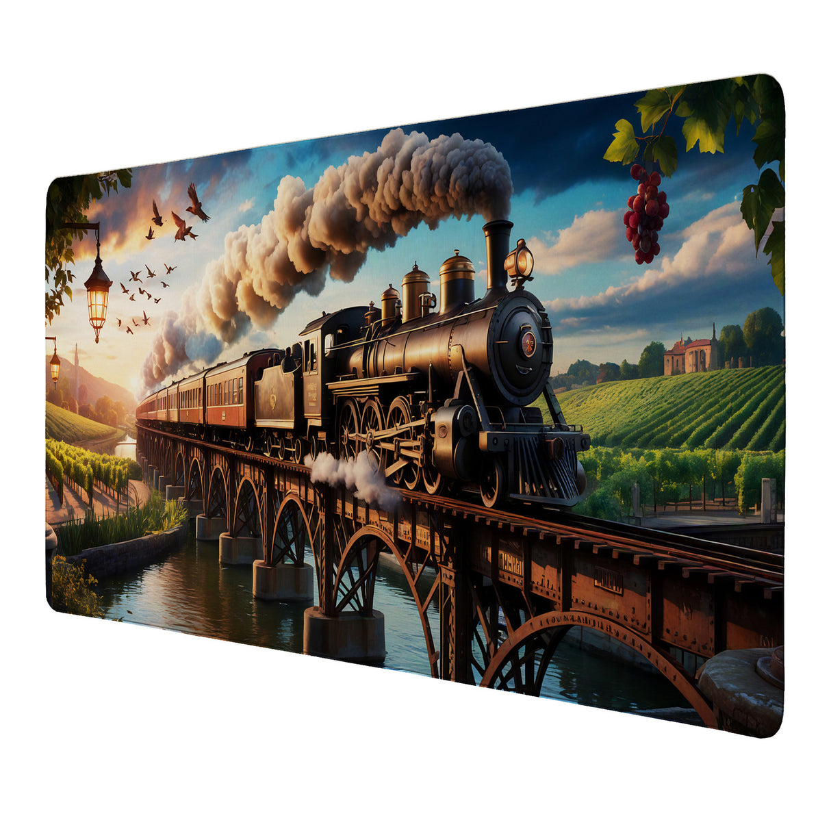 Dampflokomotive Schreibtischunterlage 69x31cm XXL Mauspad Weinberglandschaft
