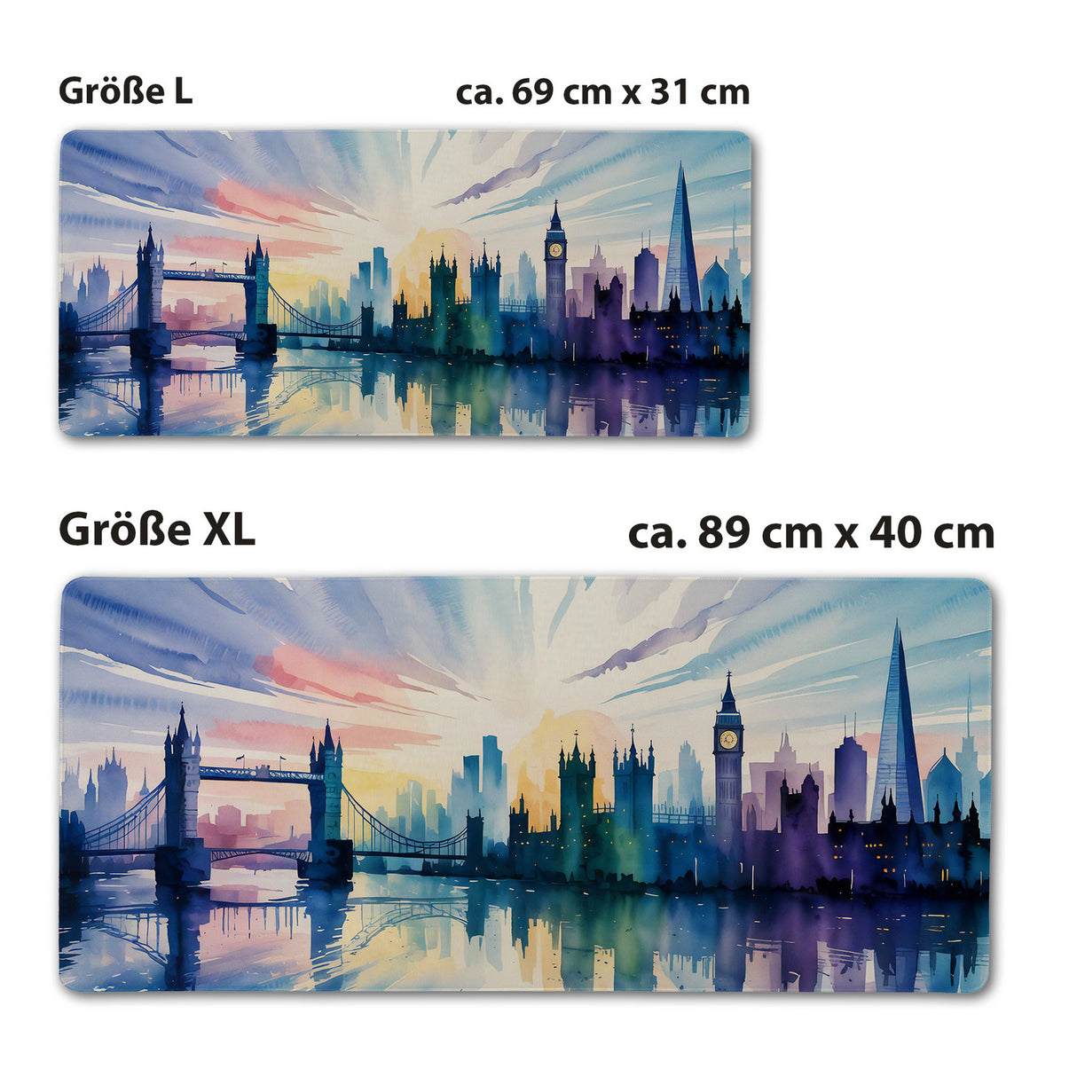 London Skyline Aquarell Schreibtischunterlage 69x31cm XXL Mauspad