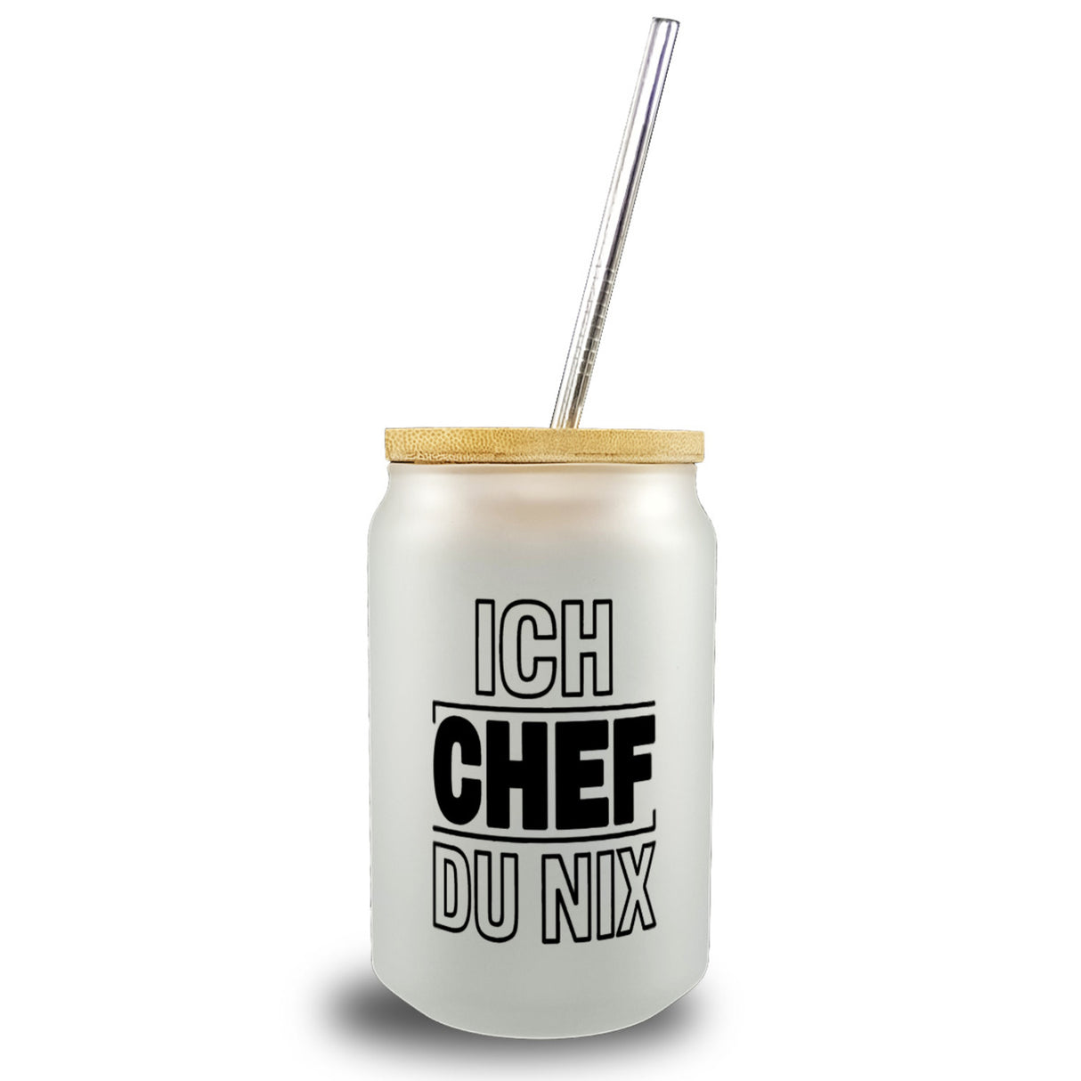 ICH CHEF DU NIX Trinkglas mit Bambusdeckel für Büro und Kollegen