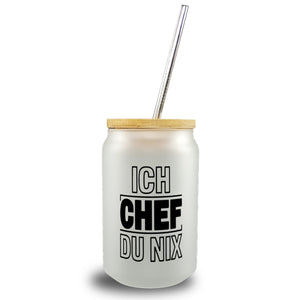 ICH CHEF DU NIX Trinkglas mit Bambusdeckel für Büro und Kollegen