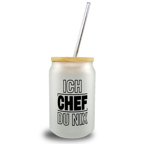 ICH CHEF DU NIX Trinkglas mit Bambusdeckel für Büro und Kollegen