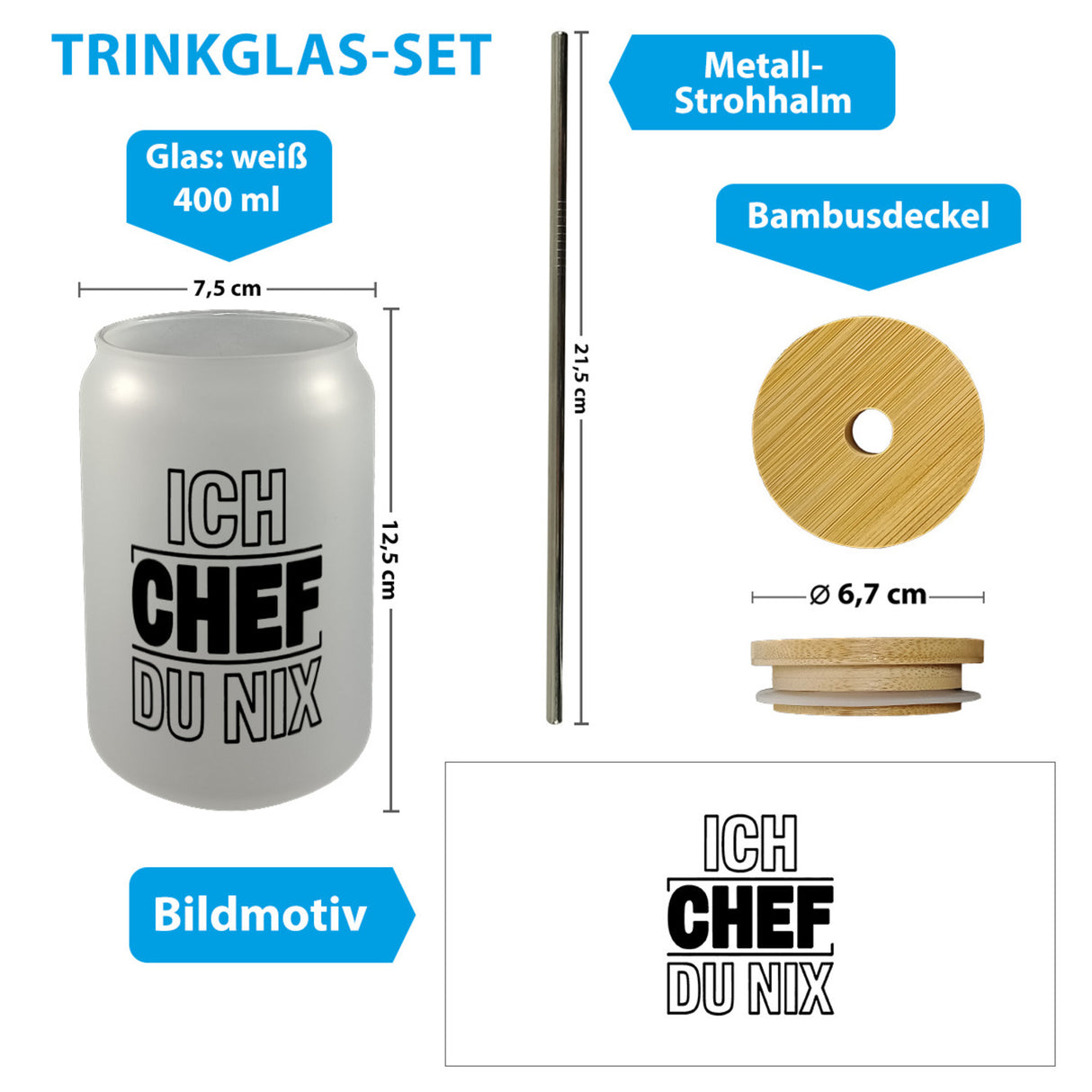 ICH CHEF DU NIX Trinkglas mit Bambusdeckel für Büro und Kollegen