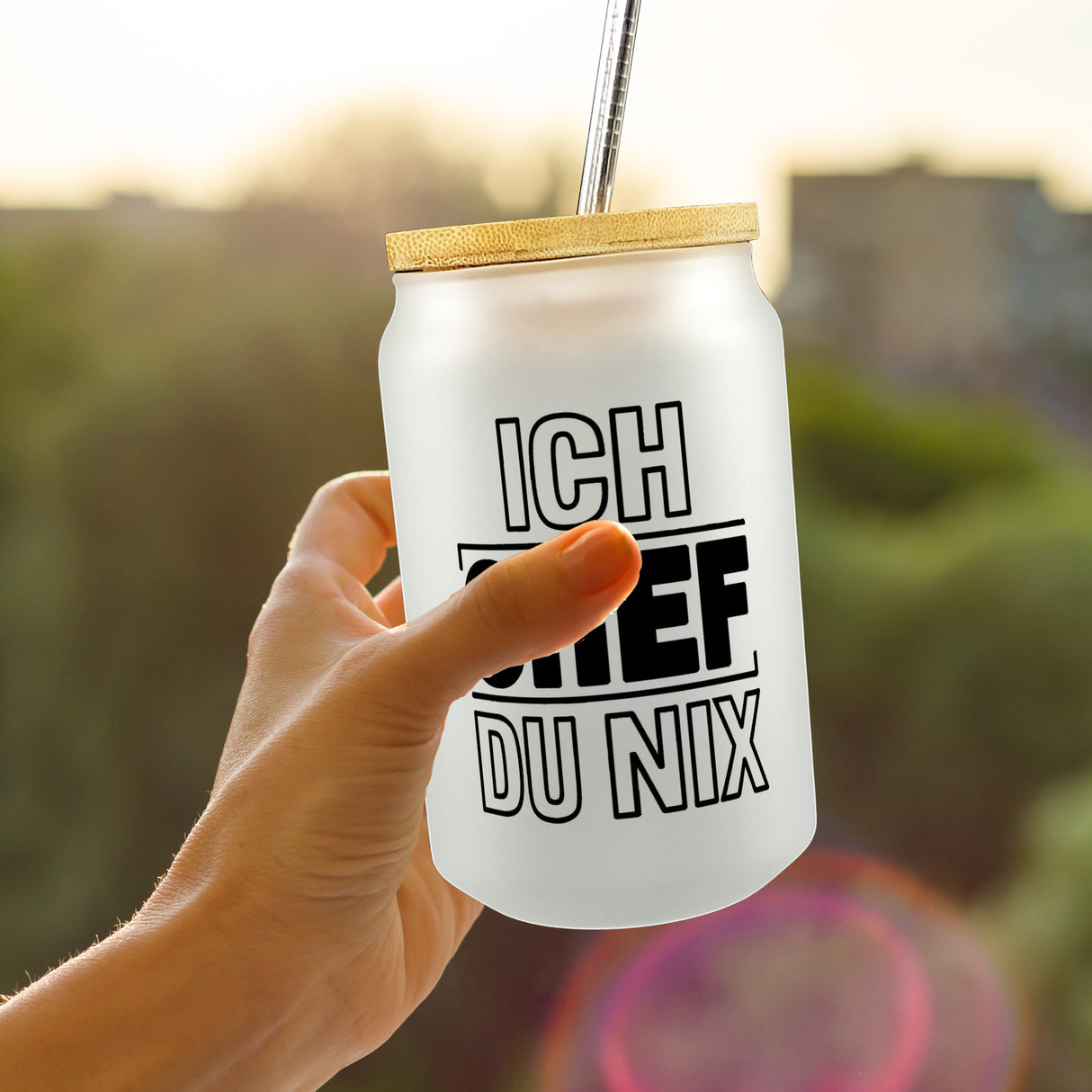 ICH CHEF DU NIX Trinkglas mit Bambusdeckel für Büro und Kollegen