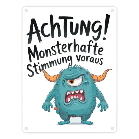Blaues Cartoon Monster Achtung Monsterstimmung Metallschild in 15x20 cm