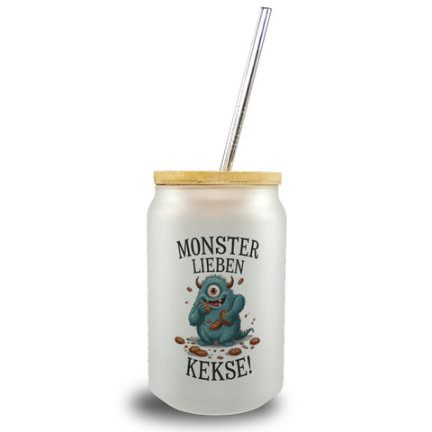 Blaues Monster mit Keks Trinkglas mit Bambusdeckel Monster lieben Kekse