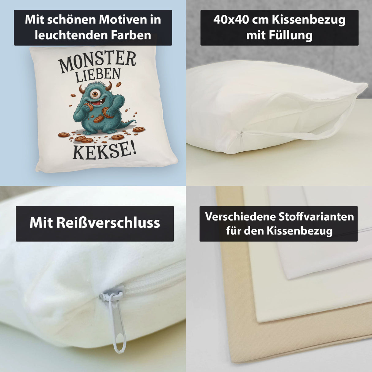 Blaues Monster mit Keks Kissen Monster lieben Kekse