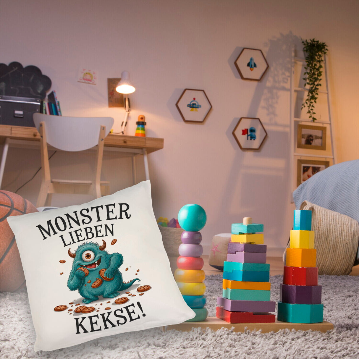 Blaues Monster mit Keks Kissen Monster lieben Kekse