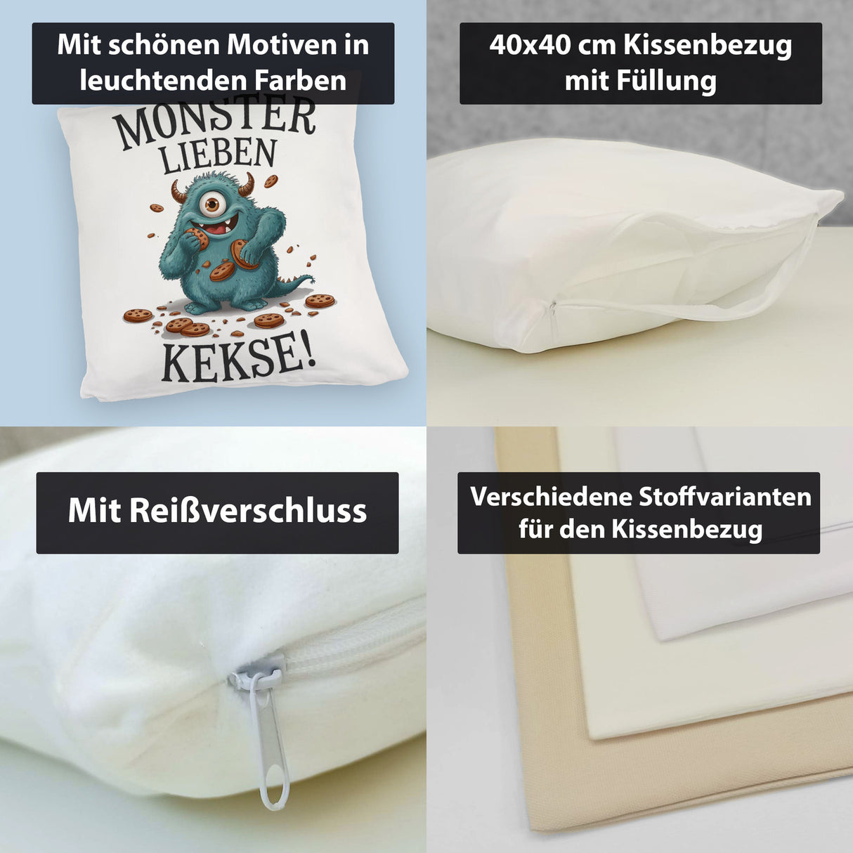 Blaues Monster mit Keks Kissen Monster lieben Kekse