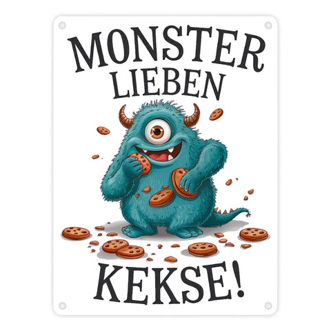 Blaues Monster mit Keks Metallschild in 15x20 cm Monster lieben Kekse