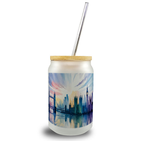 Londoner Skyline Aquarell Trinkglas mit Bambusdeckel