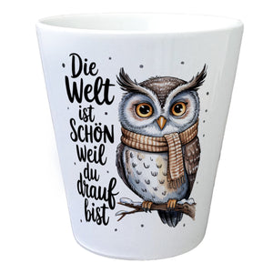 Eule mit Schal Blumentopf Die Welt ist schön