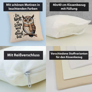 Eule mit Spruch Kissen für Eulenliebhaber