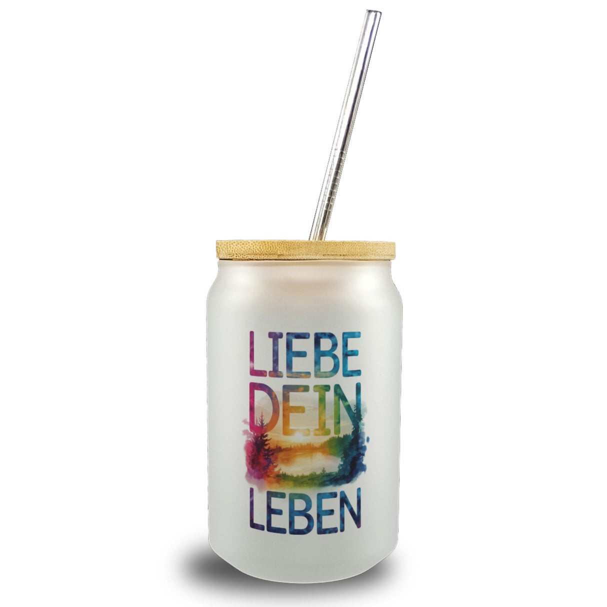 Liebe dein Leben Trinkglas mit Bambusdeckel Aquarell Design
