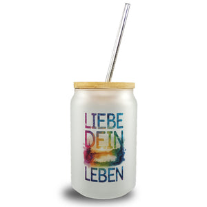 Liebe dein Leben Trinkglas mit Bambusdeckel Aquarell Design