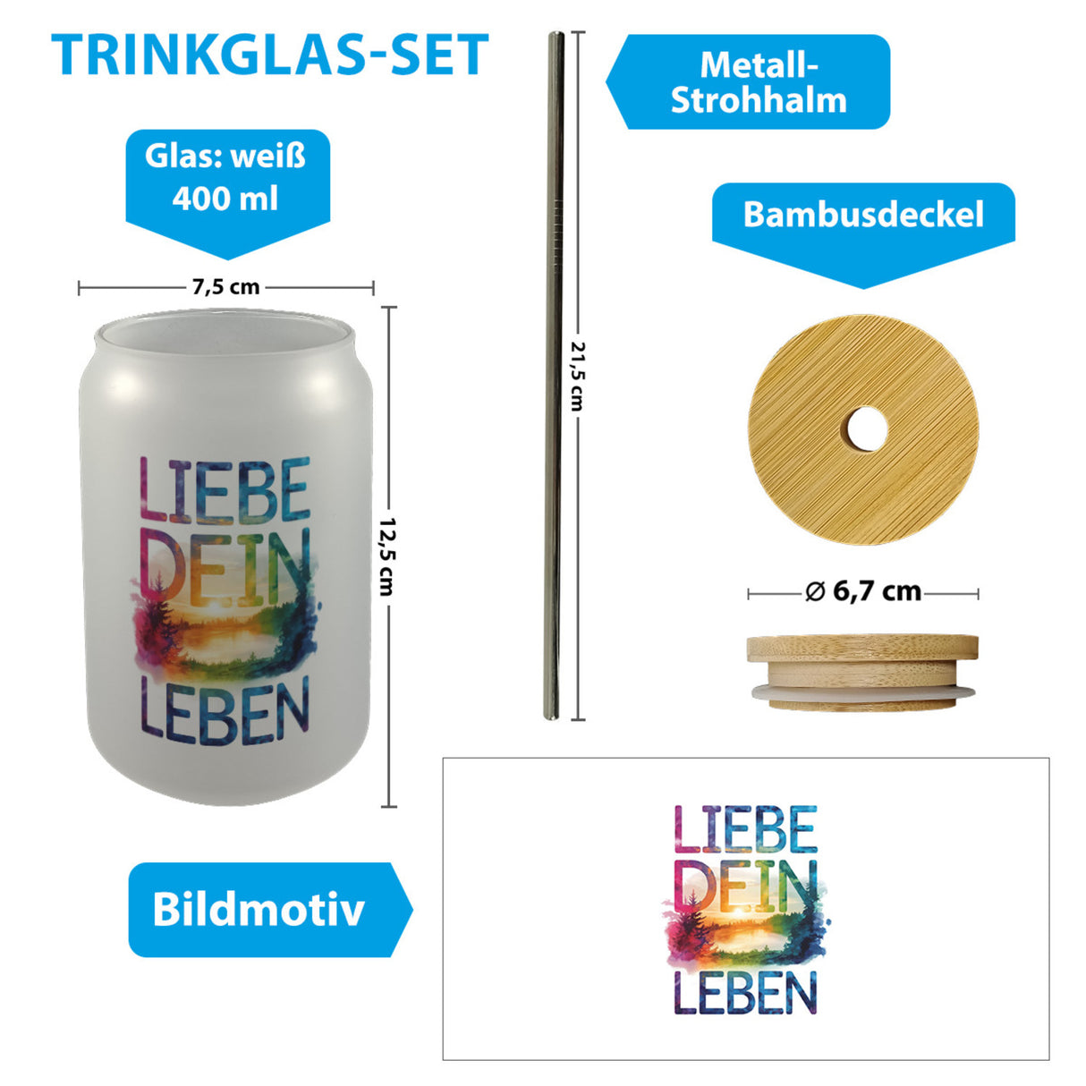 Liebe dein Leben Trinkglas mit Bambusdeckel Aquarell Design