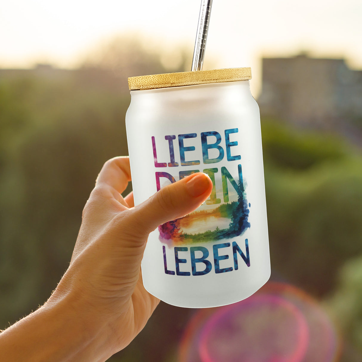 Liebe dein Leben Trinkglas mit Bambusdeckel Aquarell Design