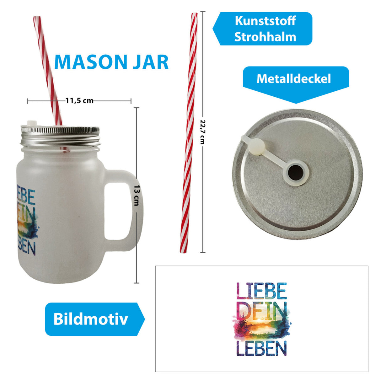 Liebe dein Leben Trinkglas mit Bambusdeckel Aquarell Design