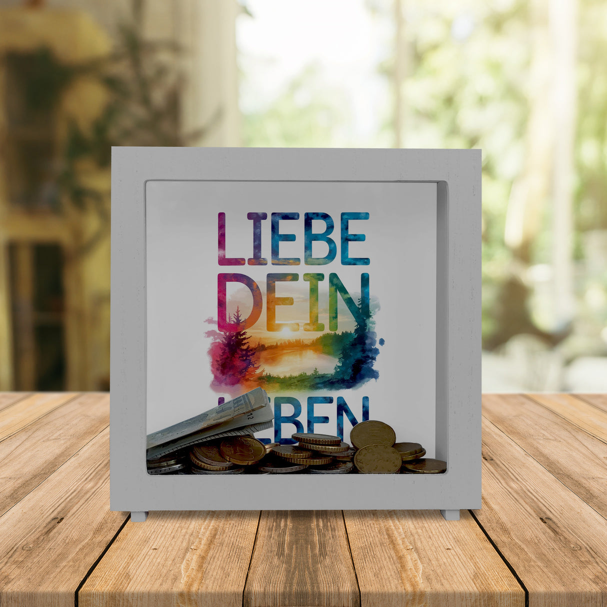 Liebe dein Leben Spardose Aquarell Design