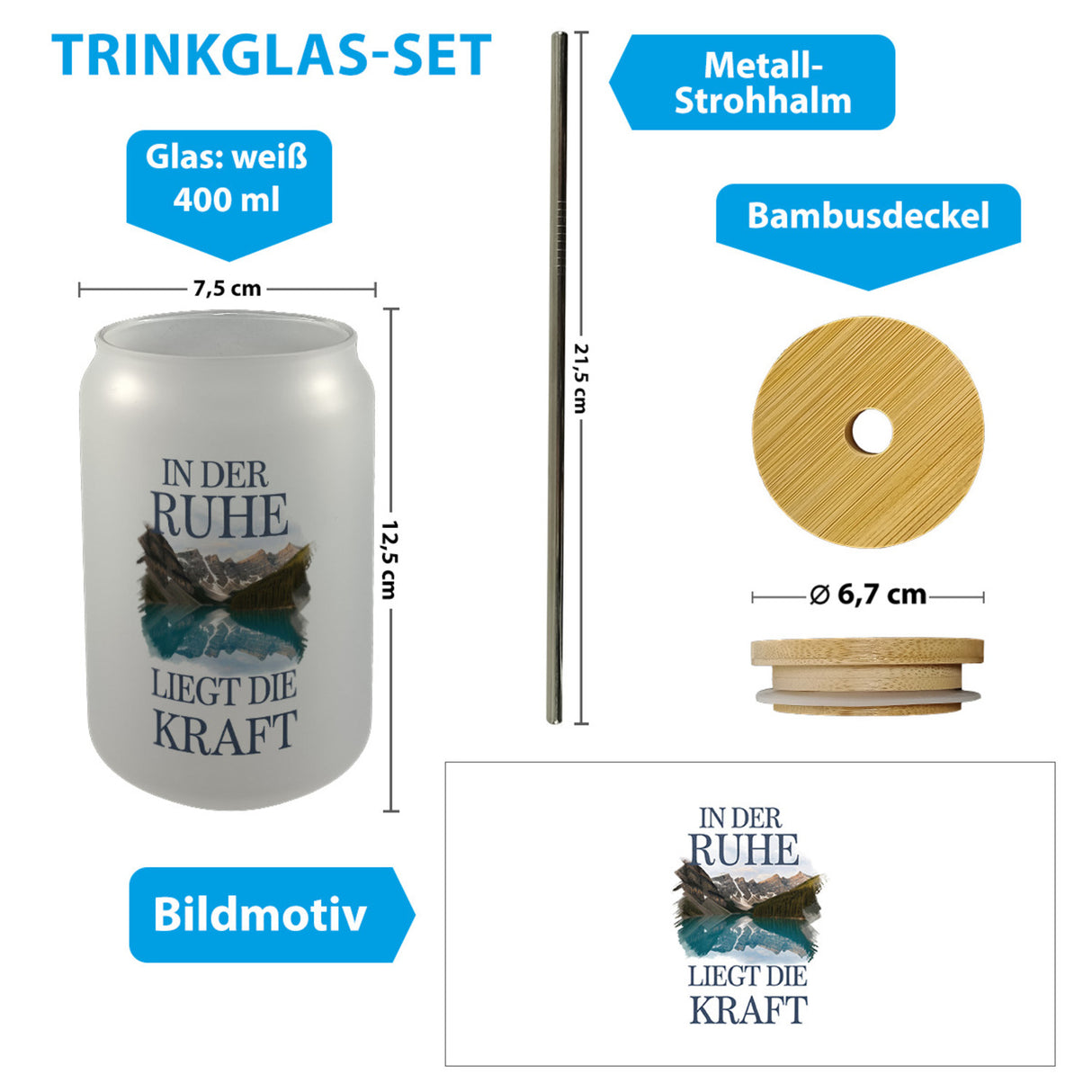 Ruhe ist Kraft Trinkglas mit Bambusdeckel See und Berglandschlaft