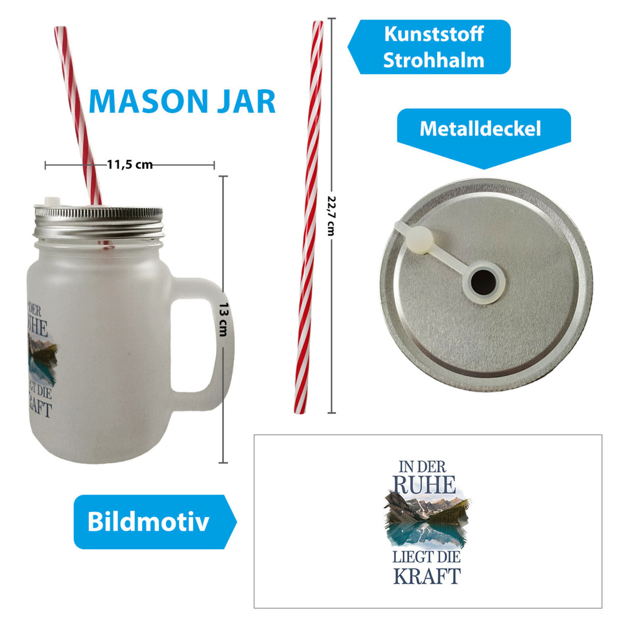 Ruhe ist Kraft Trinkglas mit Bambusdeckel See und Berglandschlaft