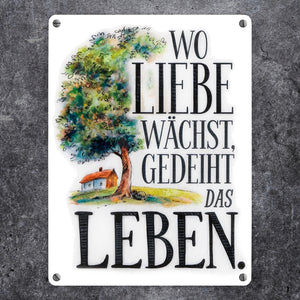 Wo Liebe wächst Metallschild in 15x20 cm Blühender Baum