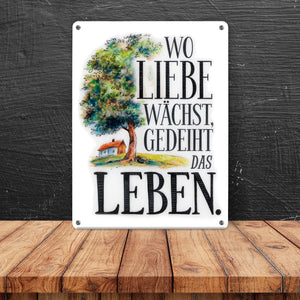 Wo Liebe wächst Metallschild in 15x20 cm Blühender Baum