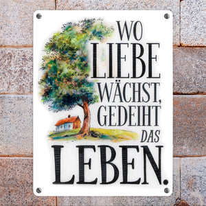 Wo Liebe wächst Metallschild in 15x20 cm Blühender Baum