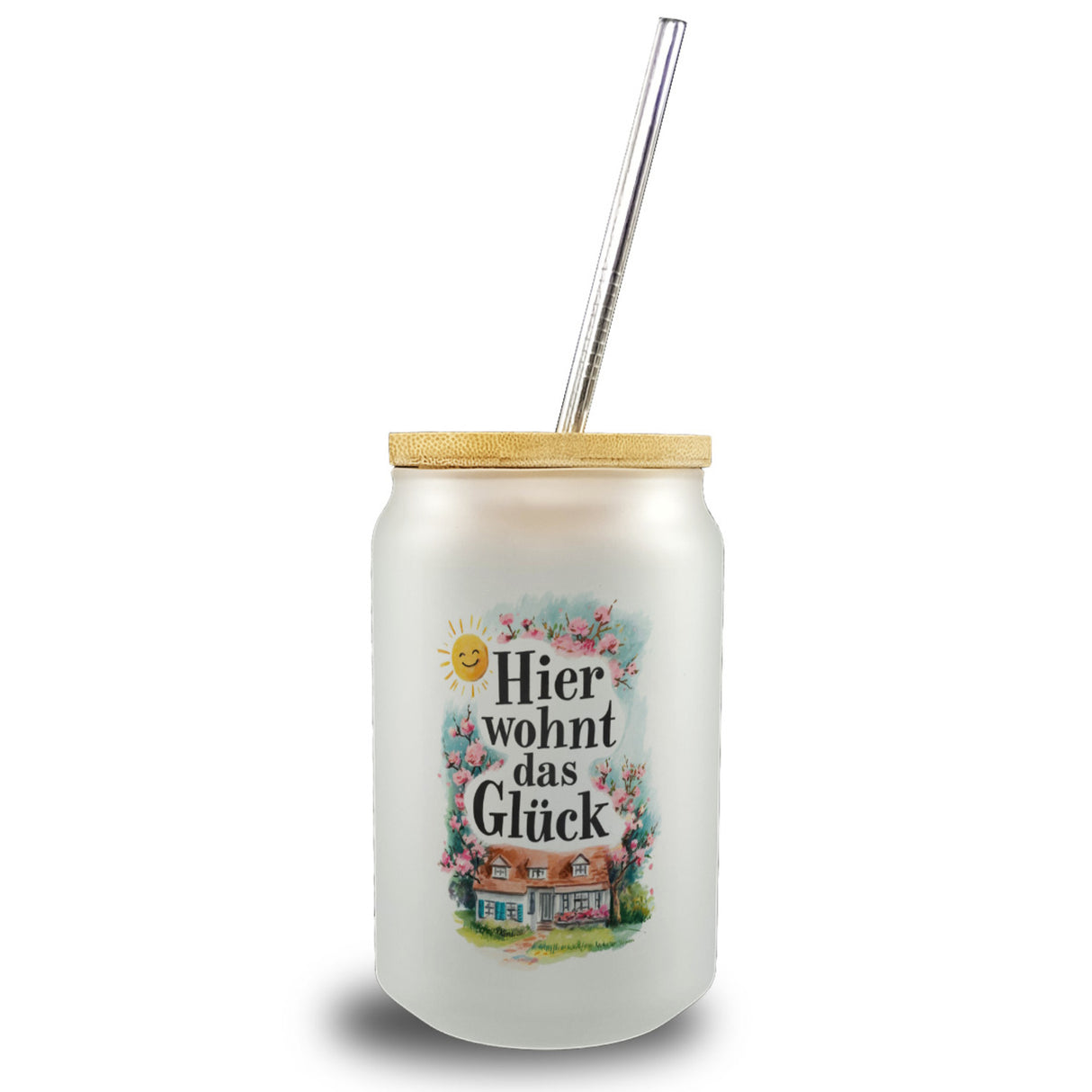 Hier wohnt Glück Trinkglas mit Bambusdeckel Aquarell Dekoration