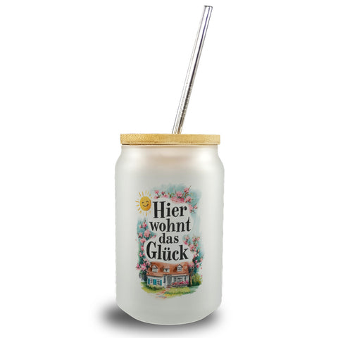 Hier wohnt Glück Trinkglas mit Bambusdeckel Aquarell Dekoration
