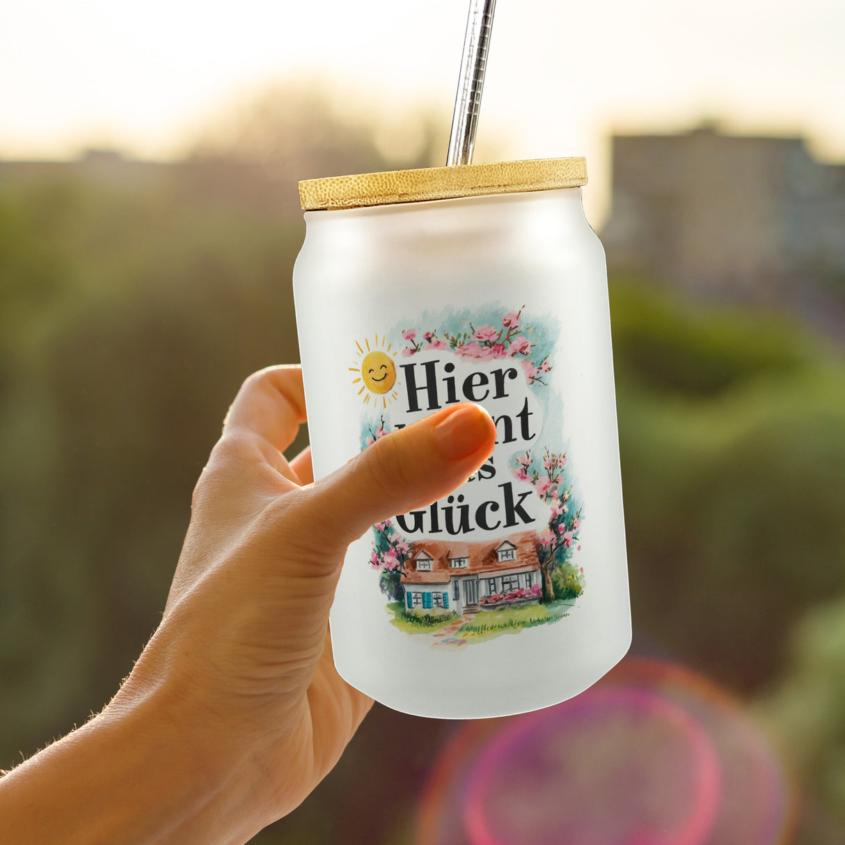 Hier wohnt Glück Trinkglas mit Bambusdeckel Aquarell Dekoration