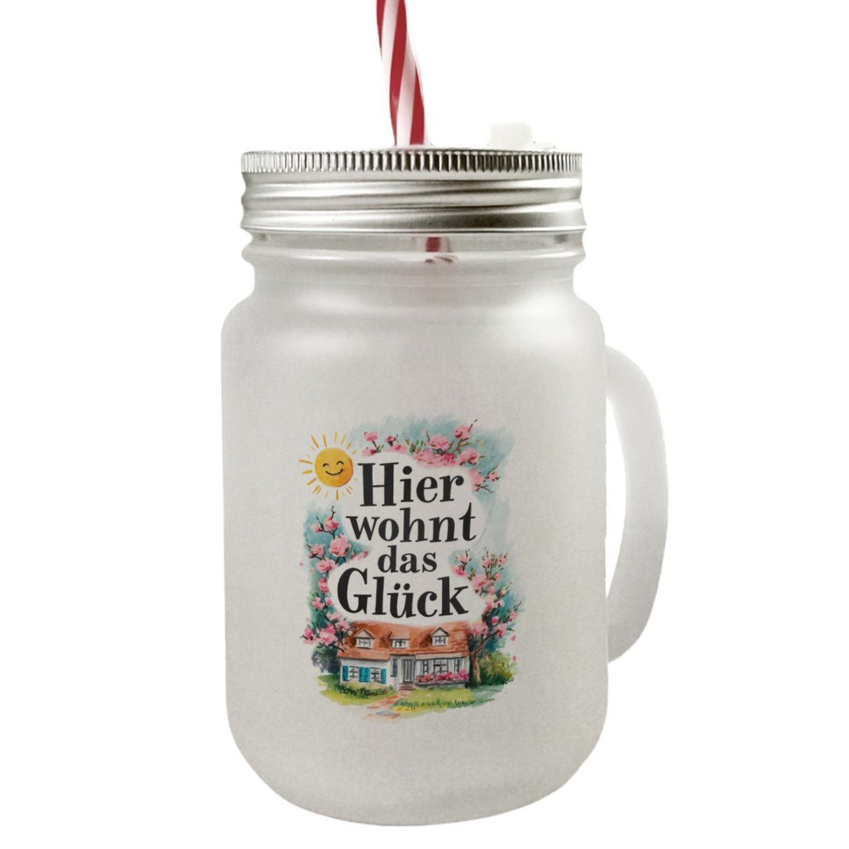 Hier wohnt Glück Trinkglas mit Bambusdeckel Aquarell Dekoration