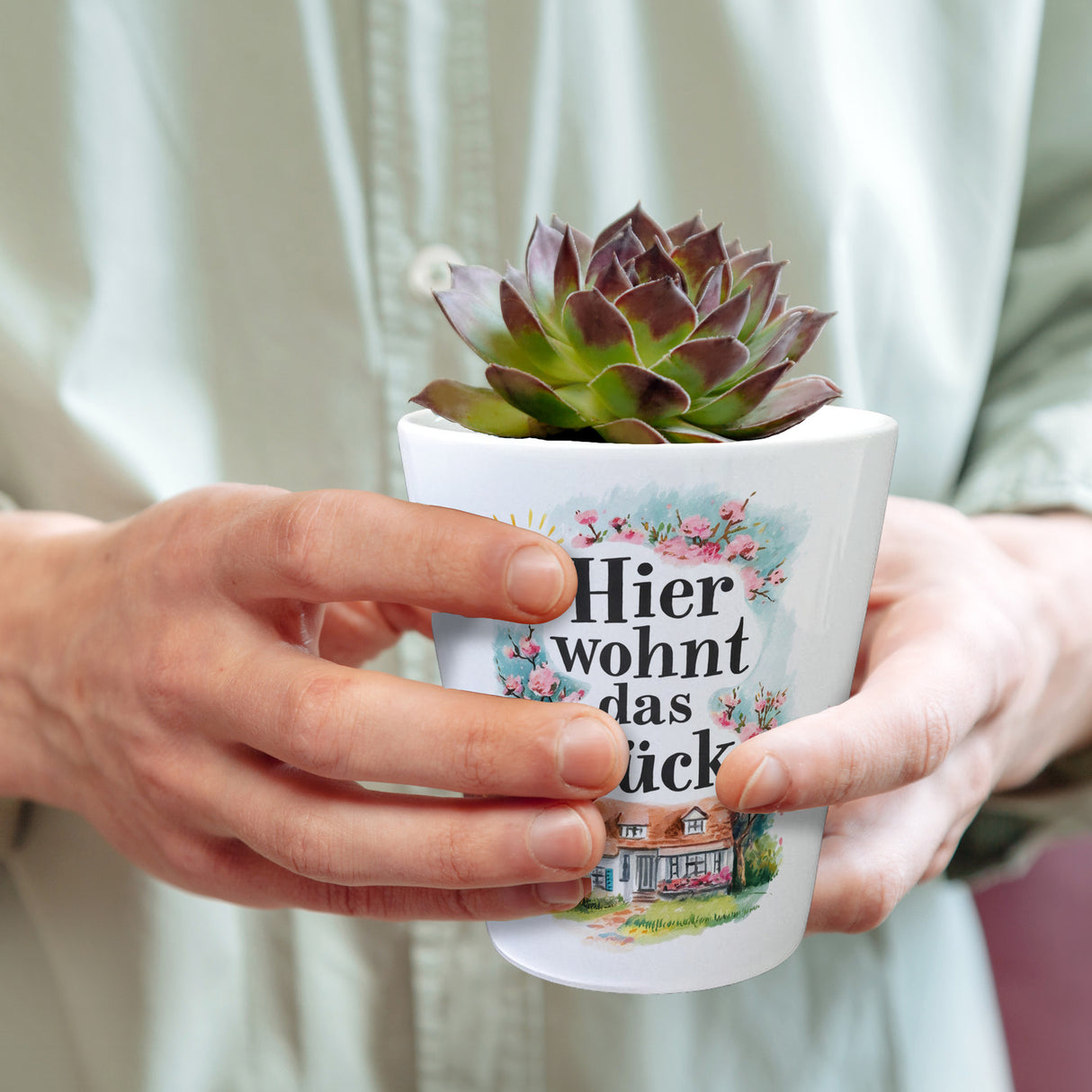 Hier wohnt Glück Blumentopf Aquarell Dekoration