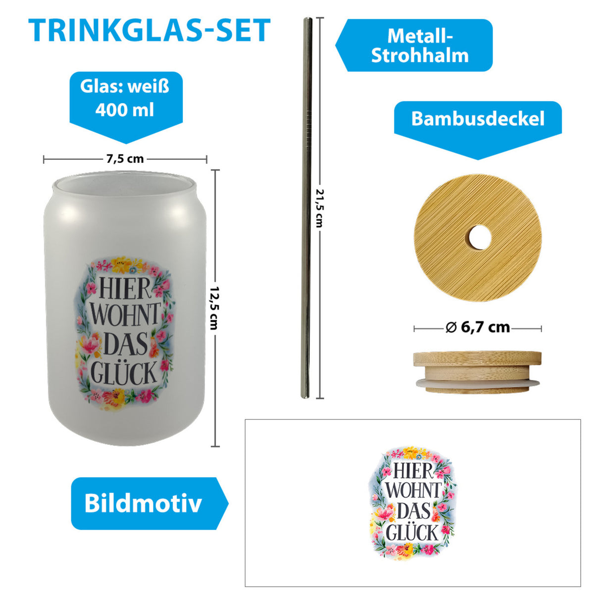 Hier wohnt Glück Trinkglas mit Bambusdeckel Blumenkranz