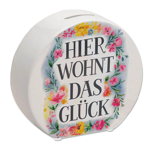 Hier wohnt Glück Spardose Blumenkranz