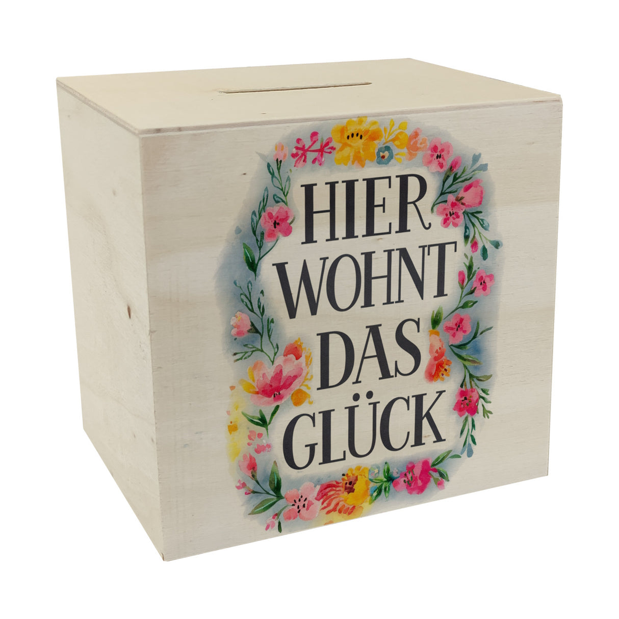 Hier wohnt Glück Spardose Blumenkranz