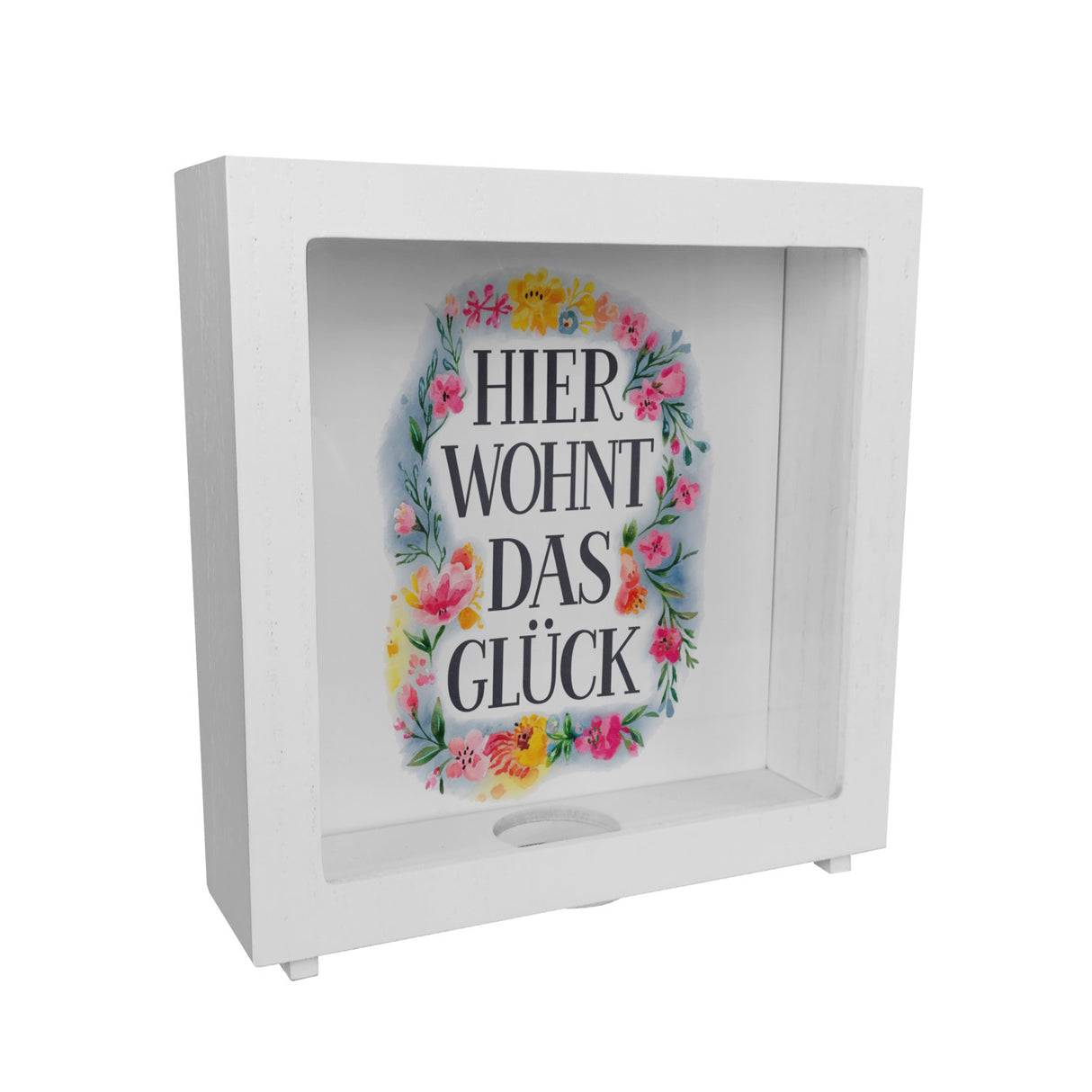 Hier wohnt Glück Spardose Blumenkranz