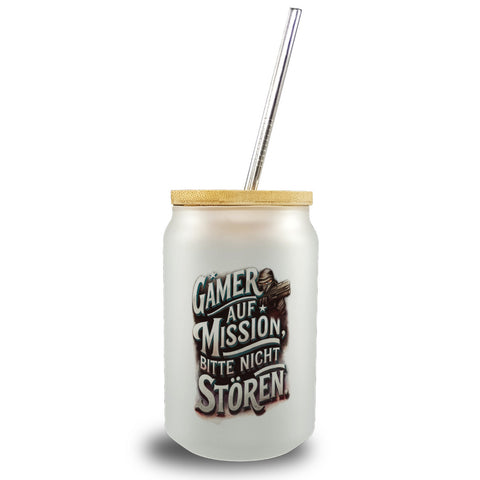 Gamer auf Mission Trinkglas mit Bambusdeckel Bitte nicht stören