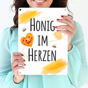 Honigwaben Bienen Metallschild in 15x20 cm Honig im Herzen